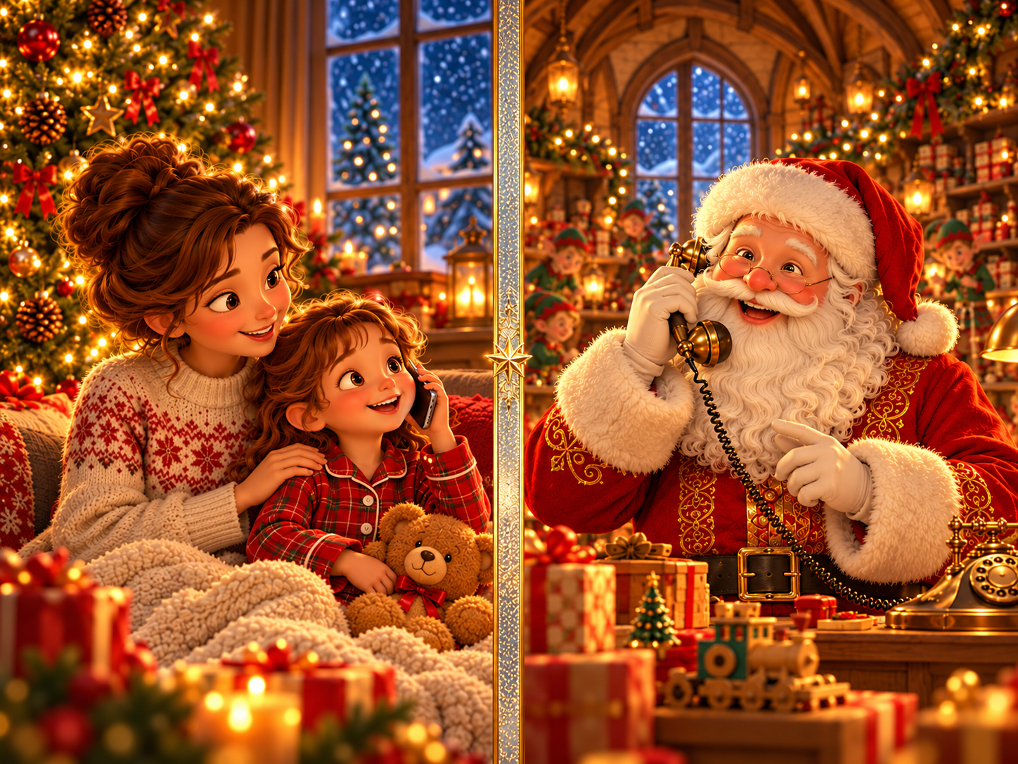 At home, a mother stays close while her child talks on a phone; across a gold divider, Santa speaks from his North Pole workshop.