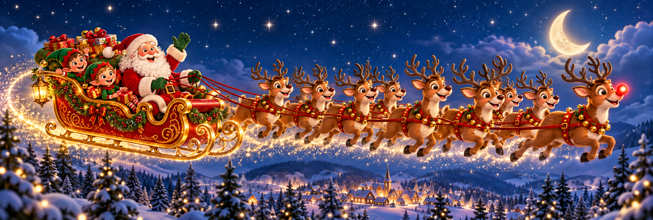 Santa rides his sleigh with his reindeer across a starry, moonlit winter sky.